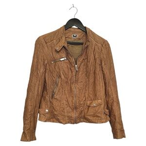 Adolfo Dominguez Crinkled Leather Jacket Moto in Cognac Tan Vintage EU40 / US 8
